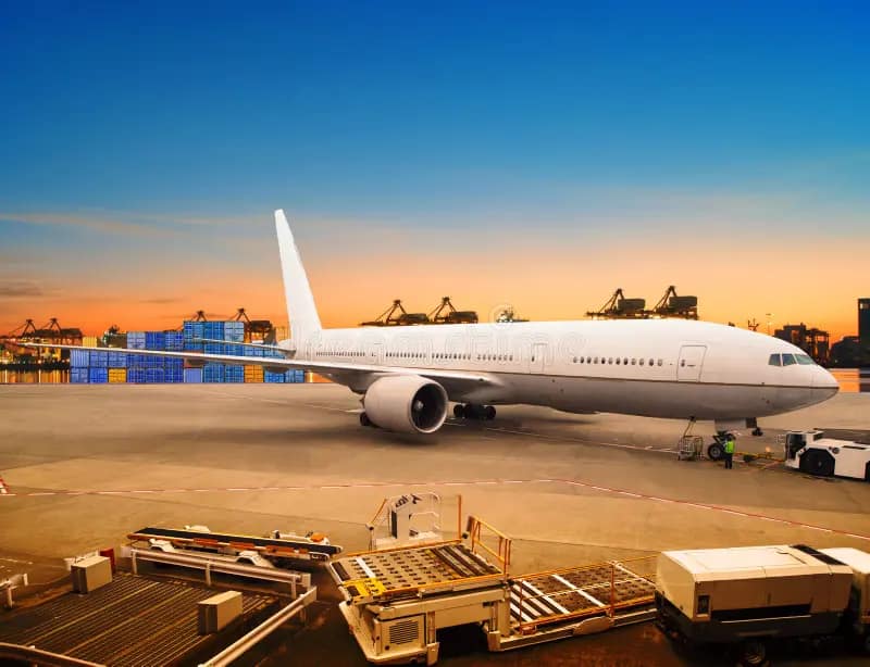 Cargo aircraft parked at an airport container terminal at sunset — Shully Export air freight